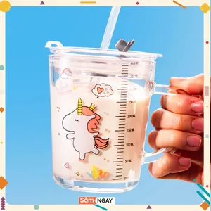 CỐC CHIA VẠCH THUỶ TINH - Cốc Pha Sữa Cho Bé Có Ống Hút Dùng Cho Bé Tập Uống 350ml
