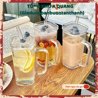 Cốc Nước Thủy Tinh Hình Vuông Có Nắp Nhiều Màu Chất Liệu Borosilicate - LY THUỶ TINH VUÔNG CÓ QUAI NẮP, ỐNG HÚT 300ML #