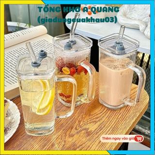 Cốc Nước Thủy Tinh Hình Vuông Có Nắp Nhiều Màu Chất Liệu Borosilicate - LY THUỶ TINH VUÔNG CÓ QUAI NẮP, ỐNG HÚT 300ML #