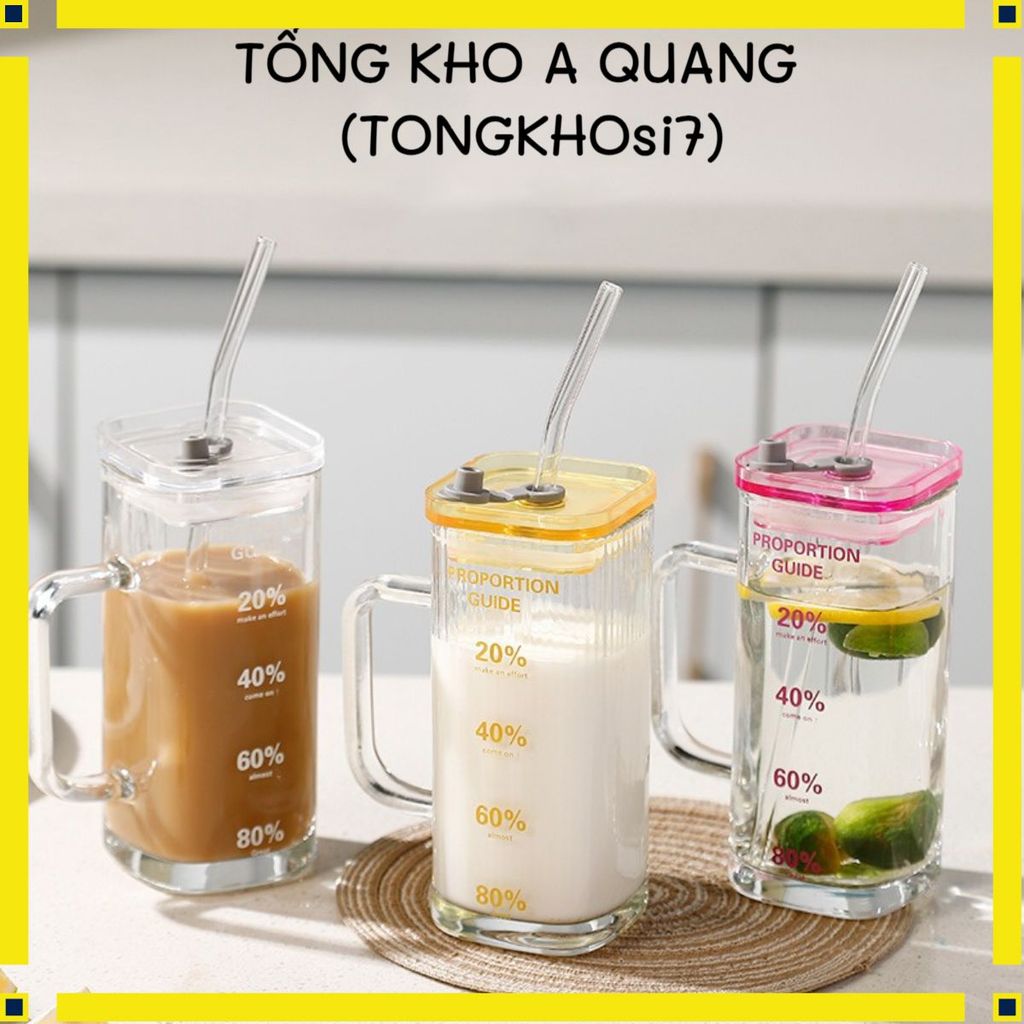 CỐC NƯỚC THỦY TINH HÌNH VUÔNG CÓ NẮP NHIỀU MÀU CHẤT LIỆU BOROSILICATE - Ly Thuỷ Tinh Vuông Có Quai Nắp, Ống Hút 300ml
