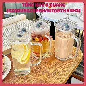 Cốc Nước Thủy Tinh Hình Vuông Có Nắp Nhiều Màu Chất Liệu Borosilicate - LY THUỶ TINH VUÔNG CÓ QUAI NẮP, ỐNG HÚT 300ML #
