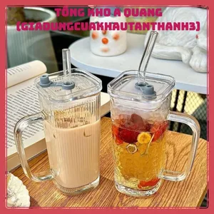 LY THUỶ TINH VUÔNG CÓ QUAI NẮP, ỐNG HÚT 300ML - Cốc Uống Trà Chanh, Trà Sữa Cà Phê Tiện Lợi, Thiết Kế Sang Trọng #
