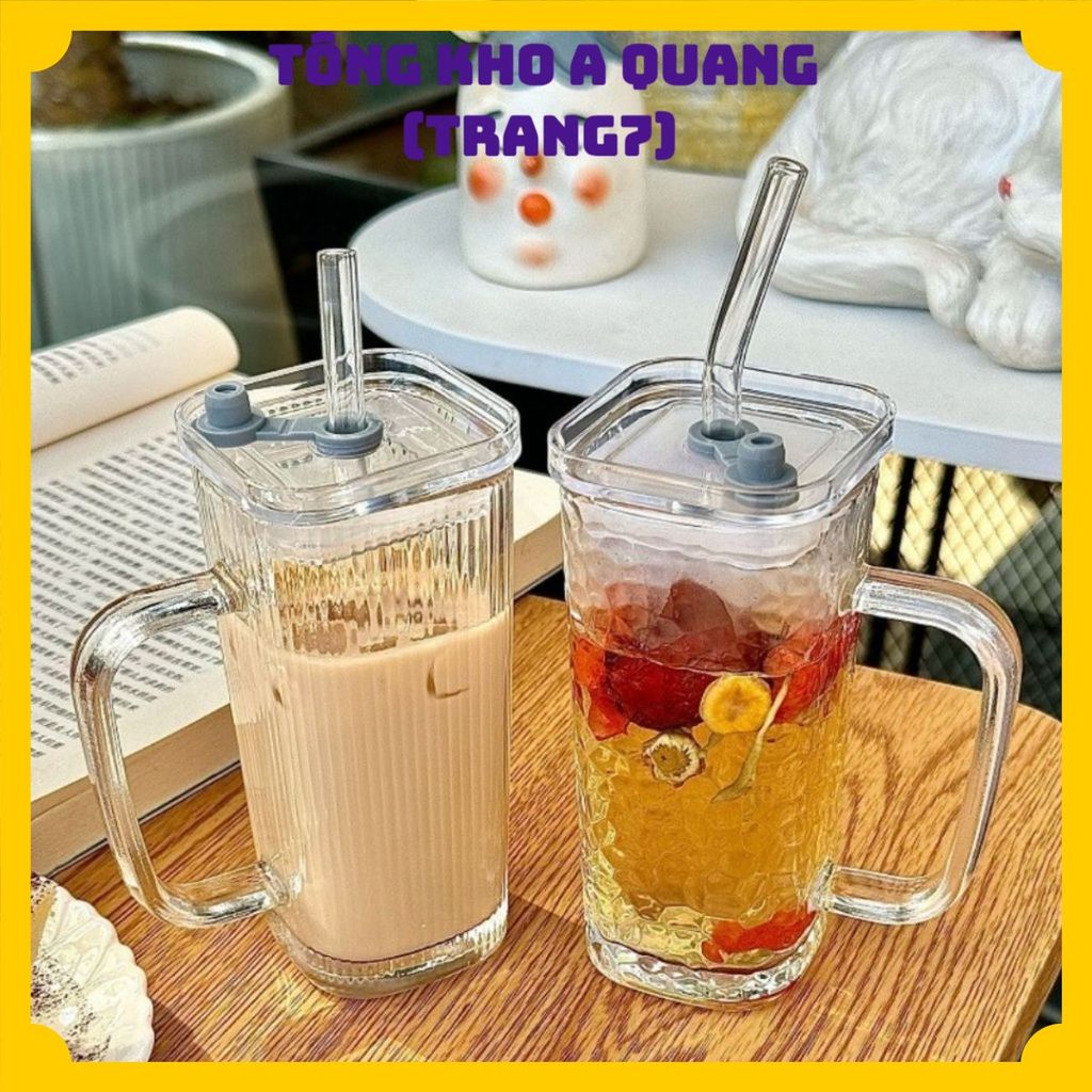 LY THUỶ TINH VUÔNG CÓ QUAI NẮP, ỐNG HÚT 300ML - Cốc Uống Trà Chanh, Trà Sữa Cà Phê Tiện Lợi, Thiết Kế Sang Trọng