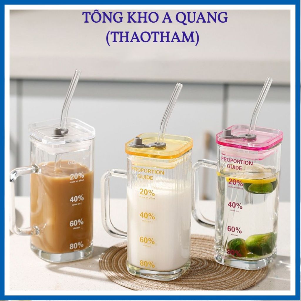 CỐC NƯỚC THỦY TINH HÌNH VUÔNG CÓ NẮP NHIỀU MÀU CHẤT LIỆU BOROSILICATE - Ly Thuỷ Tinh Vuông Có Quai Nắp, Ống Hút 300ml