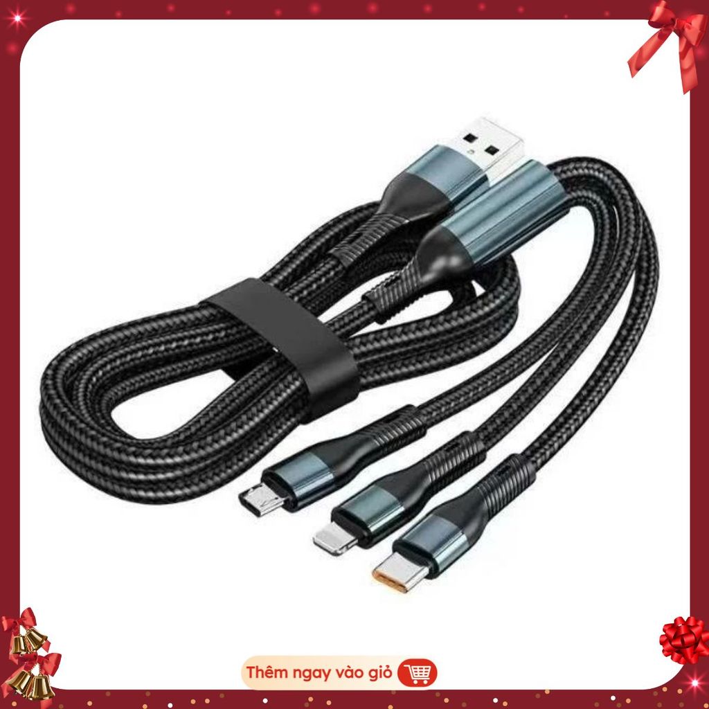 CÁP SẠC NHANH - Dây Sạc Tự Ngắt Bọc Dù 100W Tích Hợp 3 Cổng Micro Usb Type C 3In1