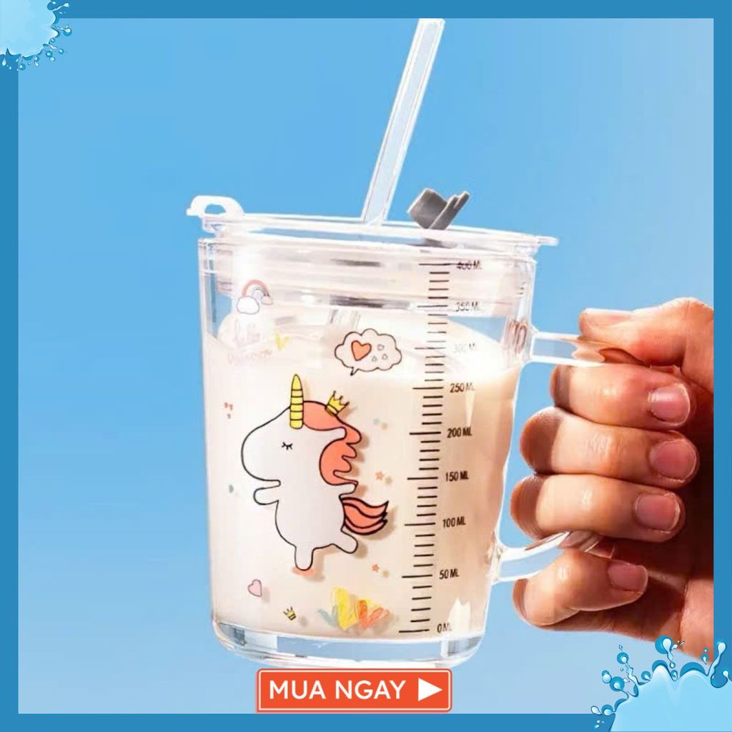Cốc Pha Sữa Thuỷ Tinh Chia Vạch Có Nắp Và Ống Hút - CỐC CHIA VẠCH - MÃ: COC 0024