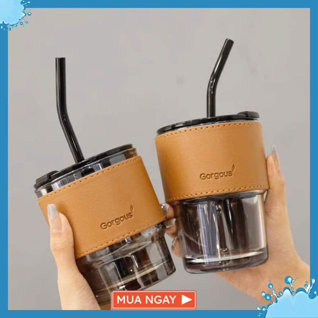 CỐC GORGOUS DÙNG ĐƯỢC CẢ ĐỒ NÓNG LẠNH - Ly Thủy Tinh Có Nắp Kèm Ống Hút-Cốc Bọc Da Sang Chảnh Dung Tích 450ml