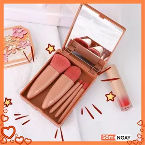 HỘP 5 CÂY CỌ TRANG ĐIỂM CAO CẤP KÈM GƯƠNG MÀU HỒNG - Bộ Cọ Trang Điểm Đa Chức Năng Cầm Tay Đầy Đủ Các Chức Năng Trang