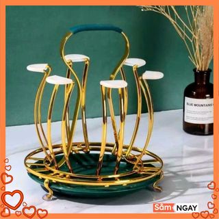 KHAY ÚP CỐC TAY CẦM XANH - Khay Úp Cốc Kèm Đế Xanh Hứng Nước Mạ Sơn Tĩnh Điện - Giá 6 Cốc Hoàng Kim: KHAY COC