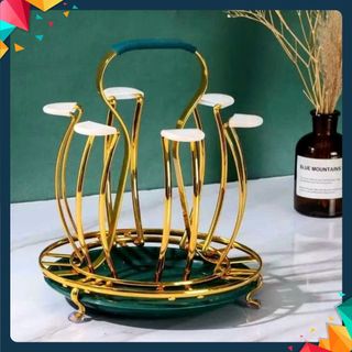 KHAY ÚP CỐC TAY CẦM XANH - Khay Úp Cốc Kèm Đế Xanh Hứng Nước Mạ Sơn Tĩnh Điện - Giá 6 Cốc Hoàng Kim: KHAY COC