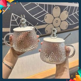 CỐC THỦY TINH KÈM THÌA TIỆN LỢI AN TOÀN - Ly Thủy Tinh Nắp Gấu Chịu Nhiệt-Cốc Đựng Nước Chịu Nhiệt Có Quai Cầm Tiện Lợi