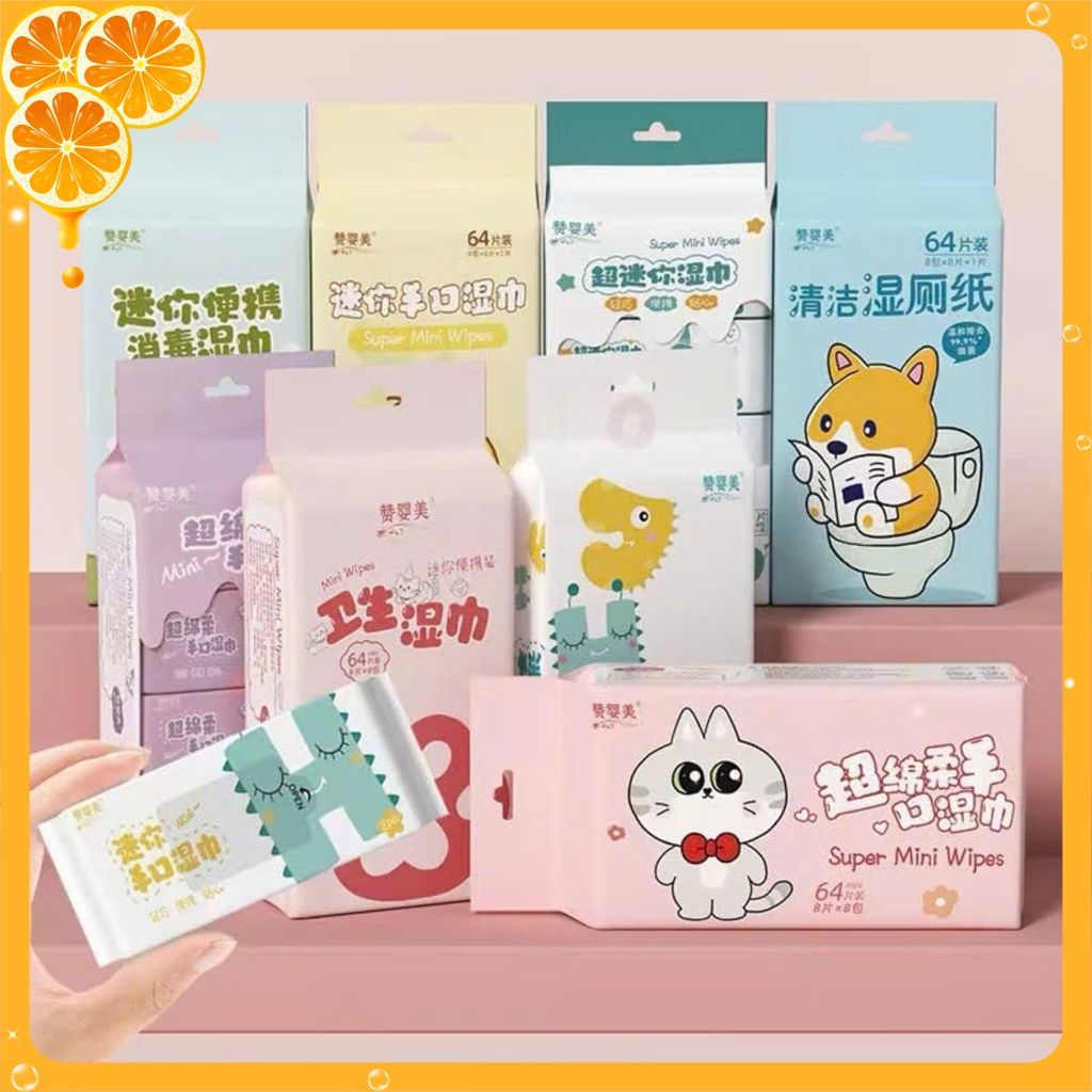 Bịch 8 Gói Khăn Giấy Ướt Mini Dễ Thương Bỏ Túi Đi Ra Ngoài Đi Du Lịch- Đi Đhơi Tiện Lợi - KHĂN ƯỚT MINI - MÃ: KHAN ƯƠT