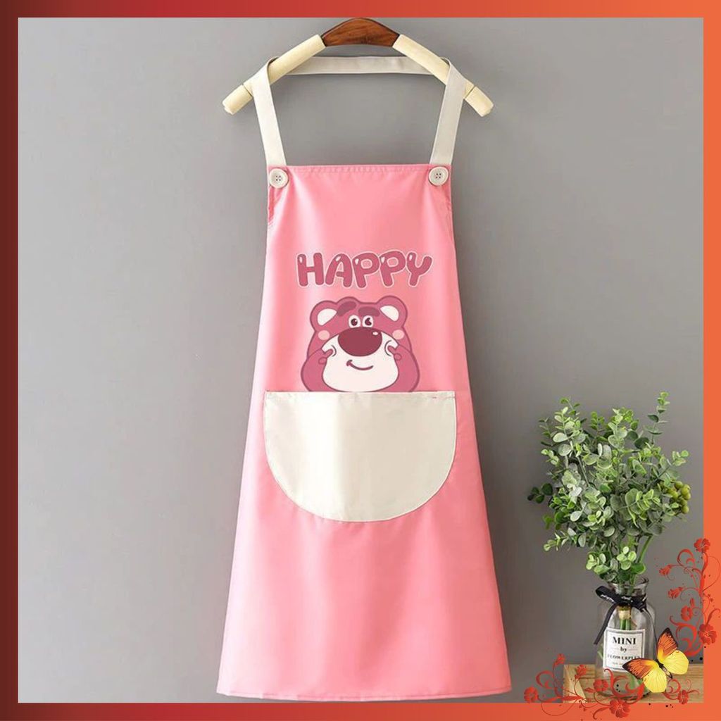 TẠP DỀ CHỐNG THẤM NƯỚC HÌNH GẤU DÂU DỄ THƯƠNG - Tạp Dề Nấu Ăn Chống Nước Chống Dầu Có Túi Đề Điện Thoại Chỗ Lau