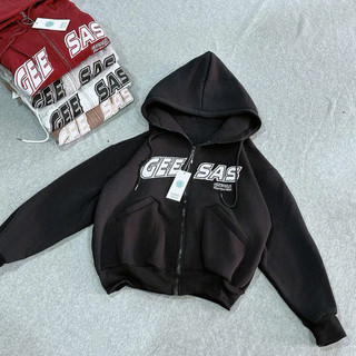 Hot Trendy - Áo Khoác Nỉ, Hoodie Zip Dệt Xuất Khẩu, Logo Thêu GEESAS Với Túi Xéo Tiện Dụng
