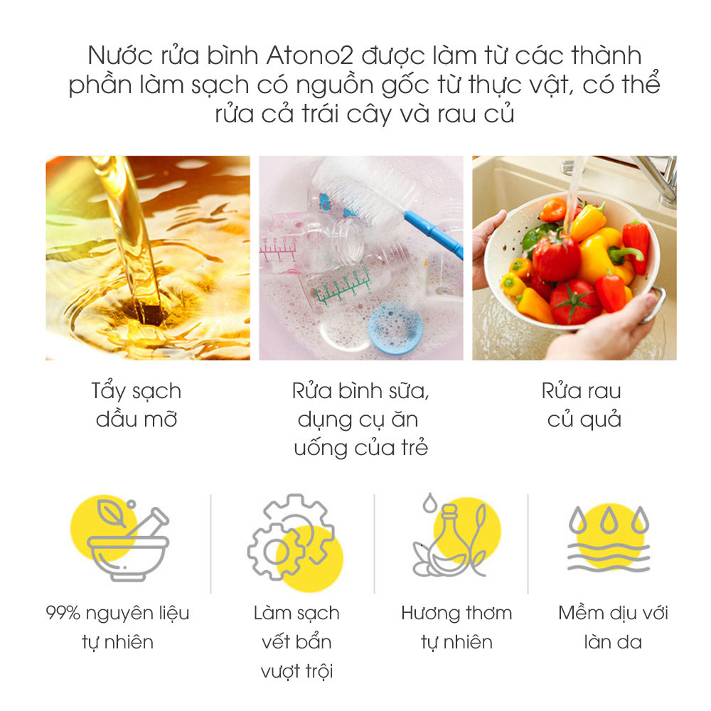 Atono2 Hàn Quốc - Nước Rửa Bình Sữa & Chén Bát Đậm Đặc Thuần Chay, An Toàn, Rửa Được Rau Củ Quả TGSS