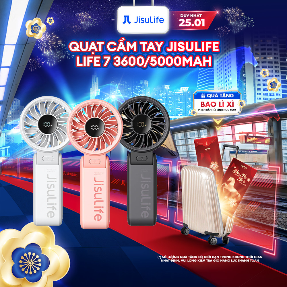 Quạt cầm tay tích điện mini Jisulife Life 7 5 cấp độ gió 3600/5000mAh - Sử dụng lên đến 12h - Chính hãng - BH 12 tháng