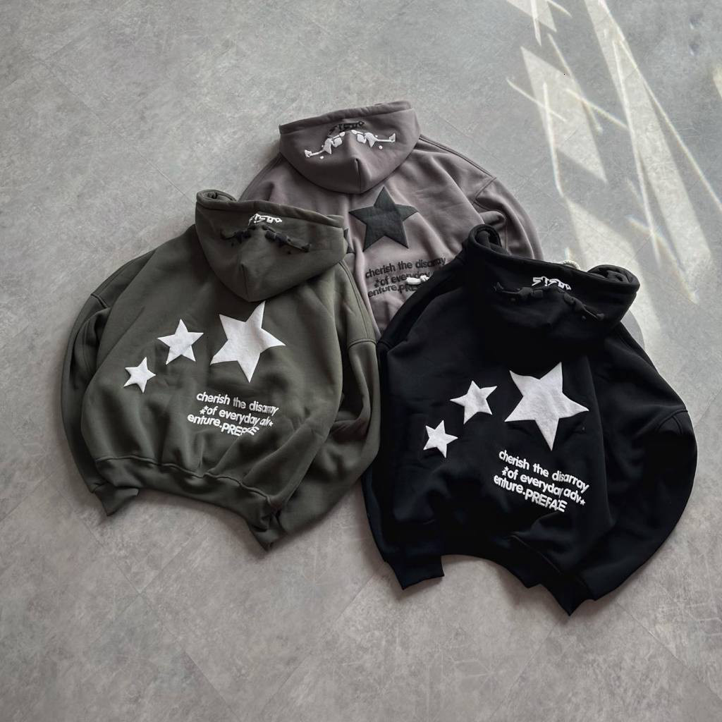 Áo Hoodie Boxy Zip THREE STARS Chât Nỉ Ngoại In Dập Nổi 5D, Áo Khoác Hoodie Zip 2024 Mania  2025