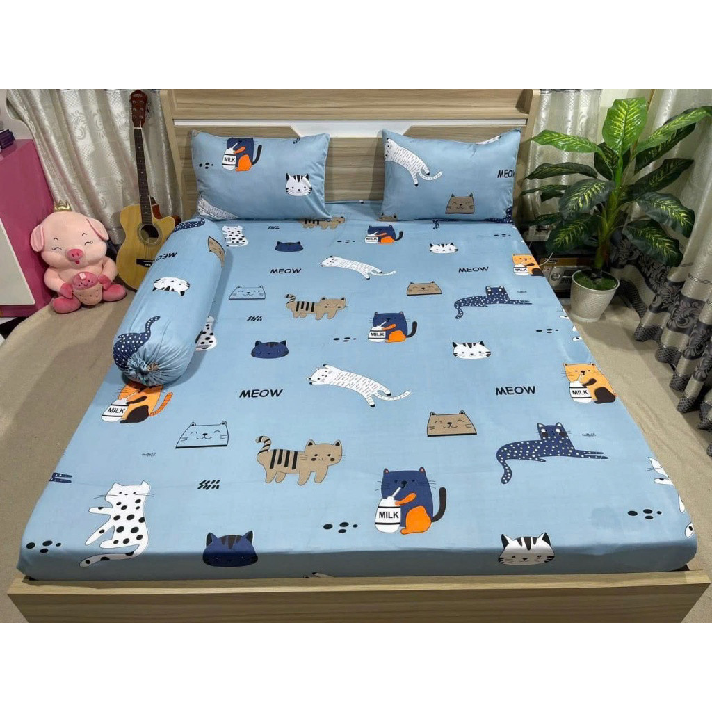 Bộ ga giường ÔM KHOÁ KÉO thun lạnh Hàn Quốc cao cấp 4 món gồm drap giường 2 áo gối nằm 1 áo gối ôm TTT