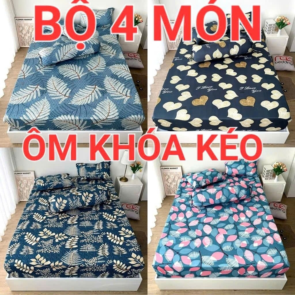 Bộ ga giường ÔM KHOÁ KÉO thun lạnh Hàn Quốc cao cấp 4 món gồm drap giường 2 áo gối nằm 1 áo gối ôm TTT