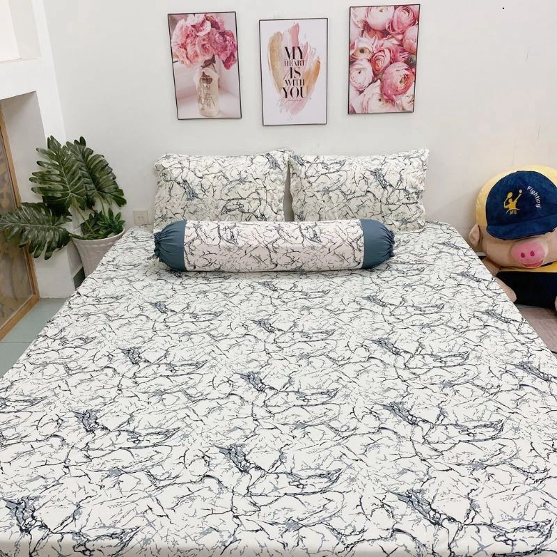 Bộ drap giường thun lạnh in 3D Hàn Quốc họa tiết sắc nét chất vải mềm mát co giãn ôm nệm