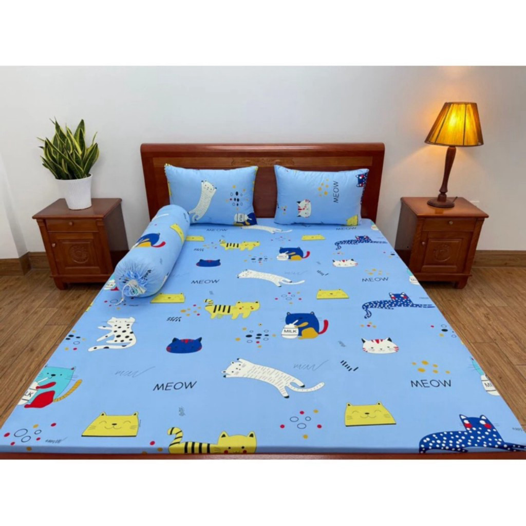 Bộ ga giường thun lạnh Hàn Quốc 4 món gồm 1 drap giường 2 áo gối nằm 1 áo gối ôm mềm mát