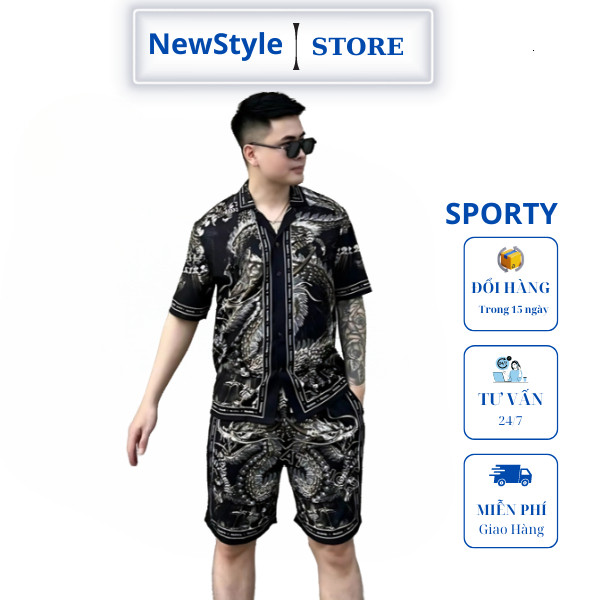 Bộ Đồ Nam Quần short + Áo Chất liệu vải lụa mềm mịn thoáng mát họa tiết rồng nhật đi biển đi chơi đi du lịch  2025
