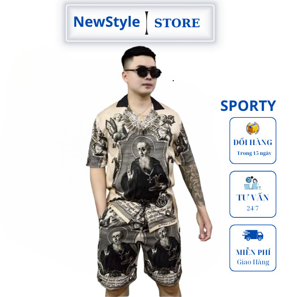 Bộ Đồ Nam Quần Short + Áo Sơ Mi Thiết Kế Họa Tiết Châu Âu Độc Lạ Mềm Mịn Siêu Mát Chất Liệu Vải Lụa đi biển đi du lịch