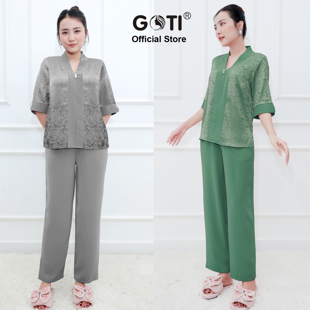 Mô tả Đồ Bộ Trung Niên GOTI Mặc Nhà Nữ Sang Trọng Chất Gấm Cao Cấp Cổ Chui Tay Lững Có Túi Pijama Lụa Cho Mẹ 3359 3360 - 3