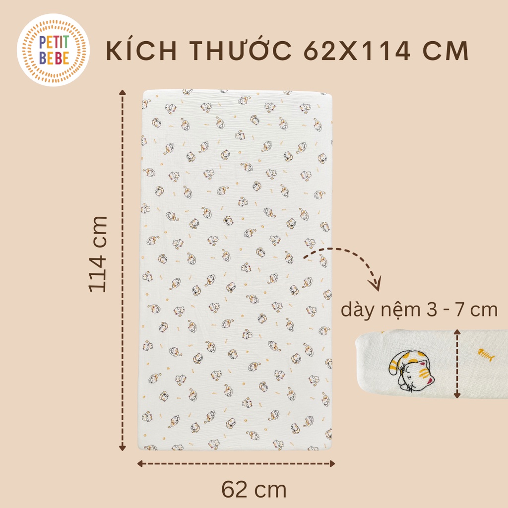 Mô tả Ga bọc nệm cũi 62x114cm cho bé PETIT BEBE muslin bo chun họa tiết đa dạng - 1