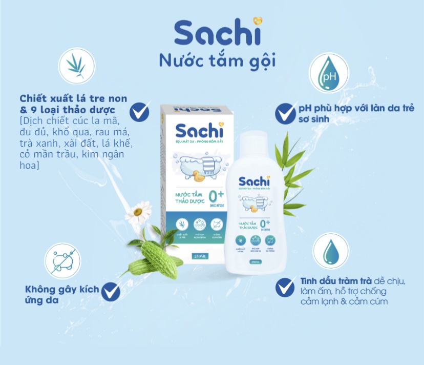 Mô tả Nước tắm thảo dược SACHI dịu mát da, phòng rôm sảy, mẩn ngứa, hăm tã, bảo vệ làn da cho bé hộp 10 gói x 10ml - 2