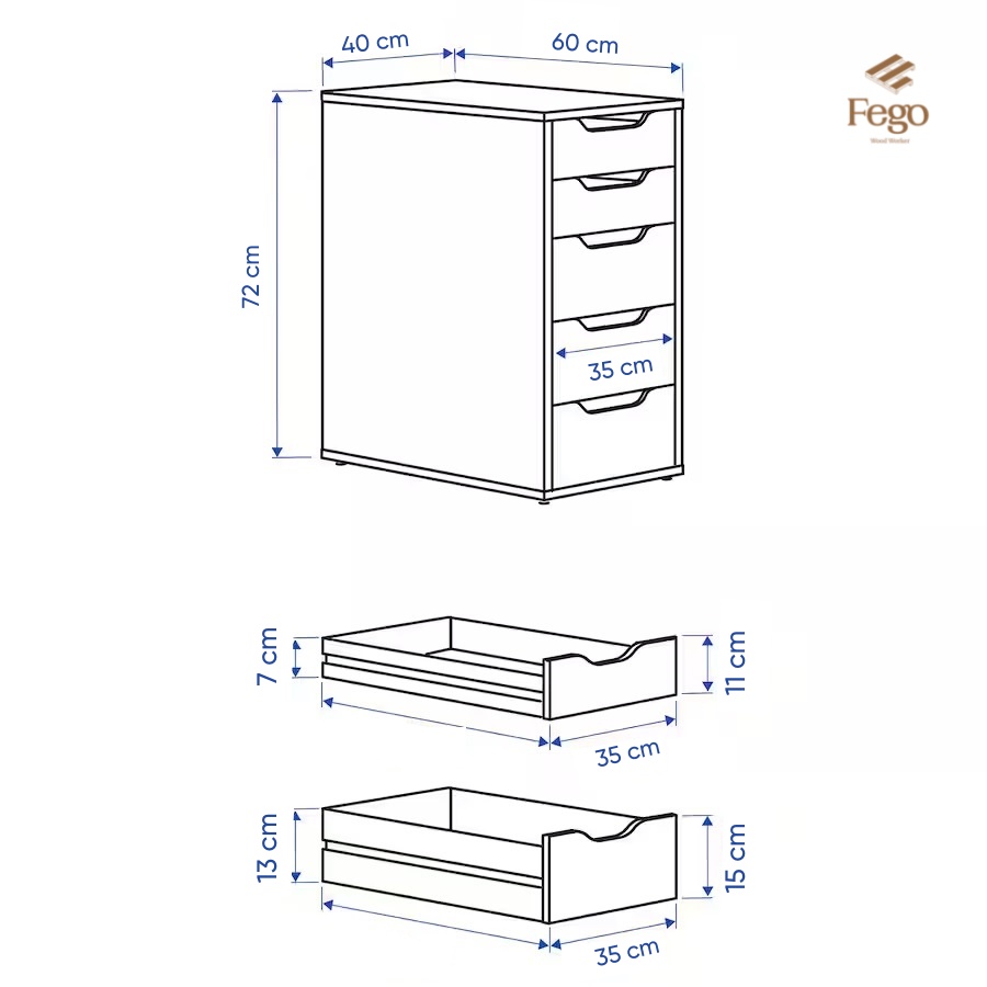 Mô tả Hộc tủ 5 ngăn kéo FEGO kết hợp ray giảm chấn cao cấp dành cho bàn làm việc và văn phòng - 3