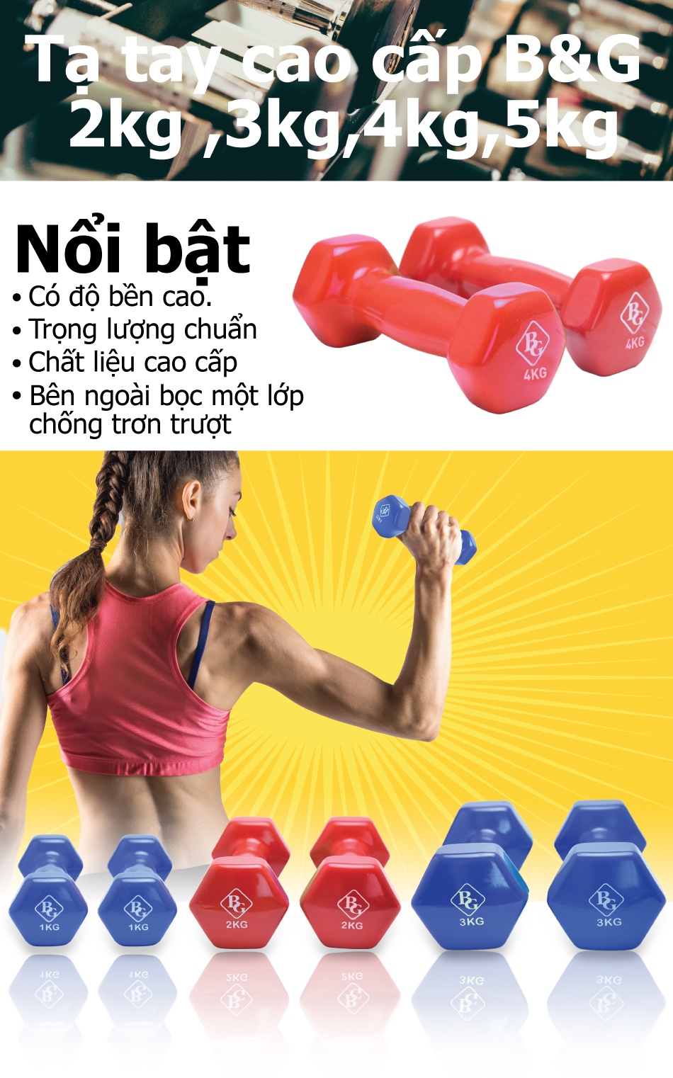 Mô tả BG-[4 KG] Tạ tay lõi thép đặc bọc cao su tập gym yoga chống trơn trượt, xước vỡ sàn RED/BLUE - 2