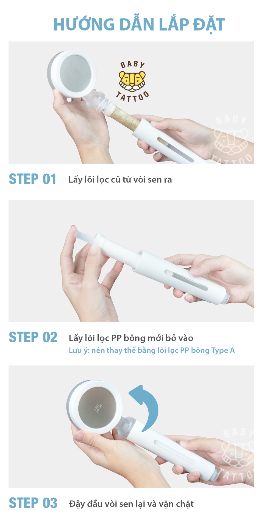 Mô tả Bộ Vòi Sen Tắm Cao Cấp Khử Clo, Lọc Nước Type A BABY TATTOO - 1