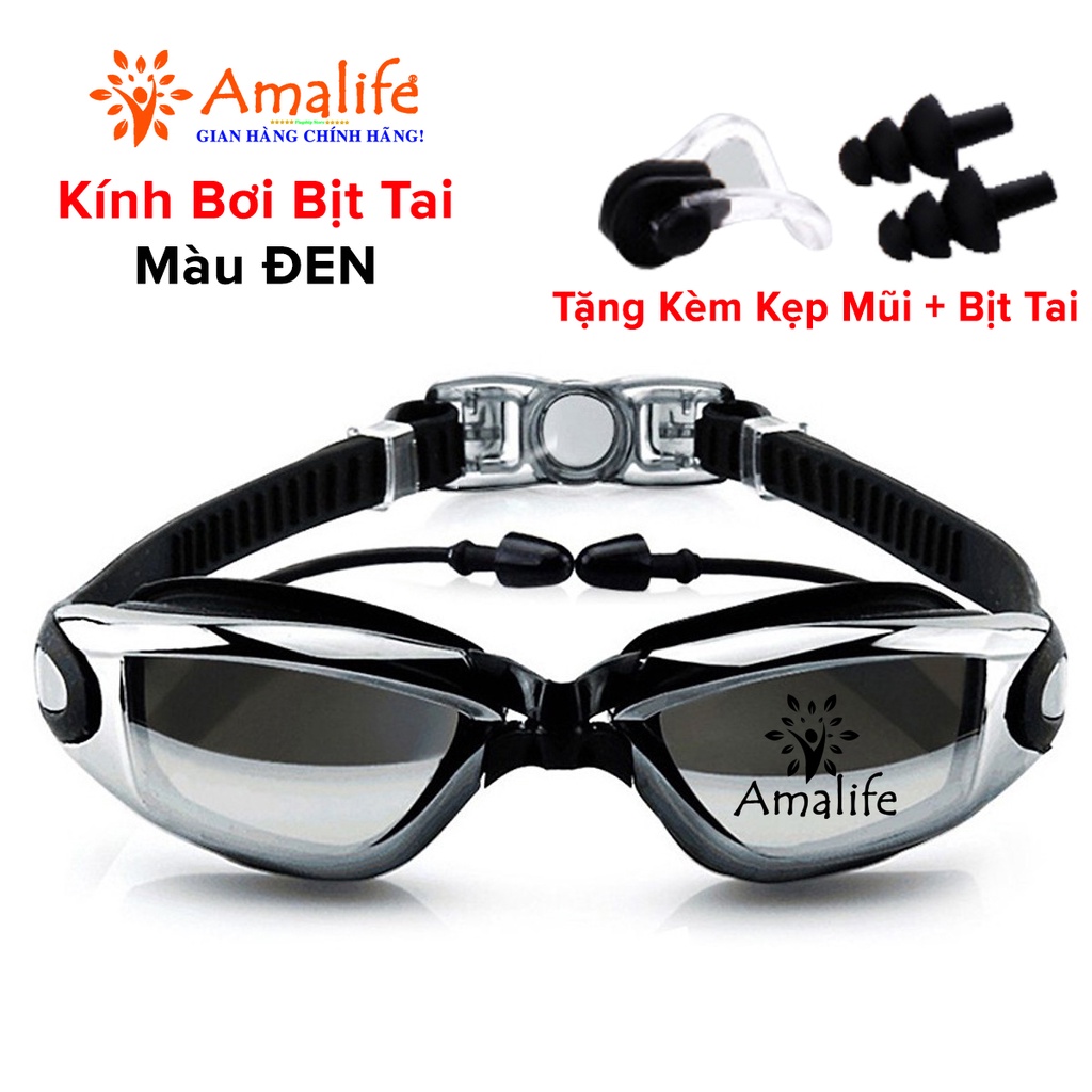 Mô tả Màu ĐEN - Kính Bơi Tráng Bạc Có Gắn Bịt Tai Chống Tia UV Chống Nước Gắn Liền Thân Chính Hãng Amalife - 1