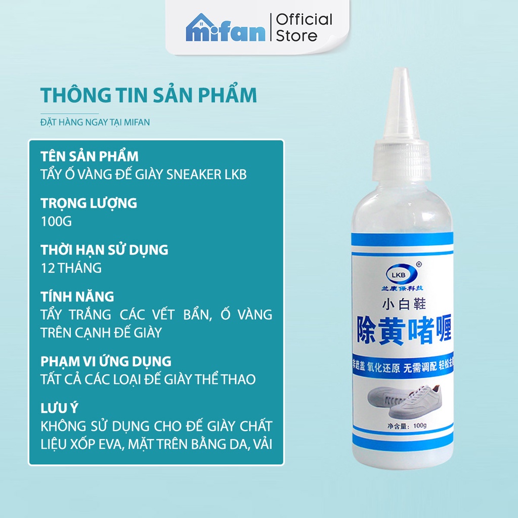 Mô tả Dung dịch tẩy ố vàng đế giày Mifan LKB 100gr - Vệ sinh, làm trắng các đồ cao su, sneaker, giầy thể thao - 5