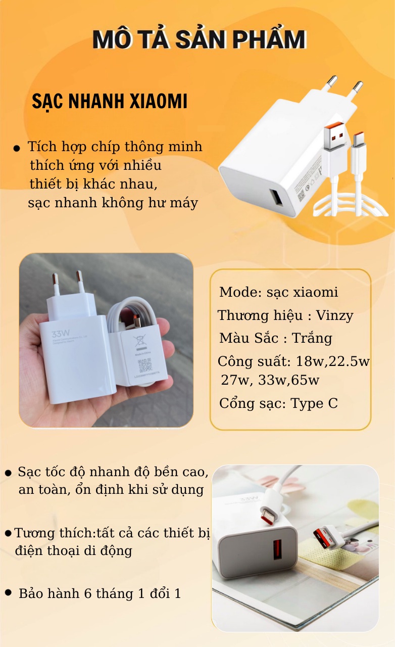 Mô tả Sạc Xiaomi 18W 22.5W 27W 33W 65w Mi Charge Turbo USB 5A Type-C nguyên Seal Vinzy Tech Bảo hành lỗi 1 đổi 1 trong 6 tháng - 1