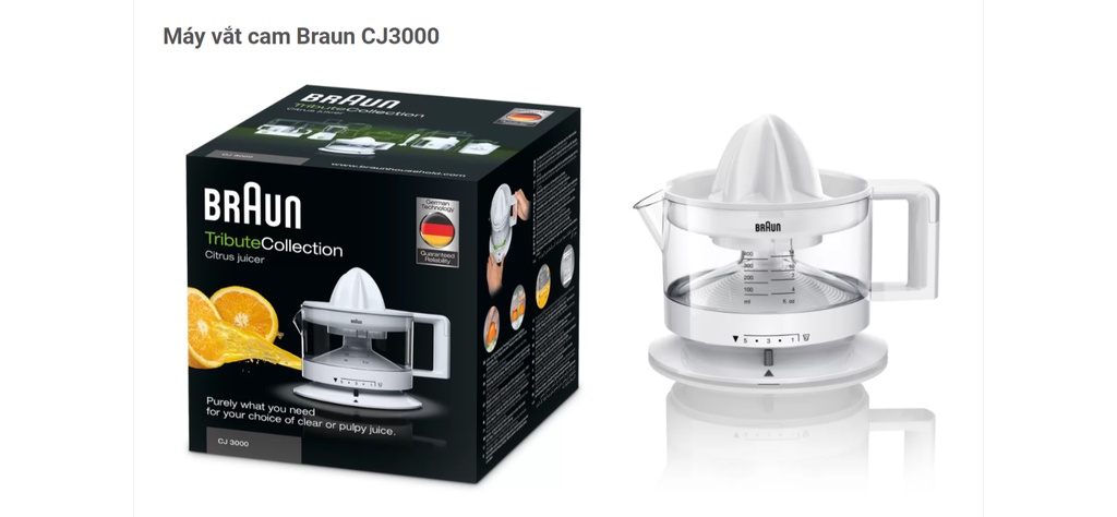 Mô tả Máy ép vắt cam Braun CJ3000 - Công suất 20W - Dung tích350ml - Bảo hành 24 tháng. - 2