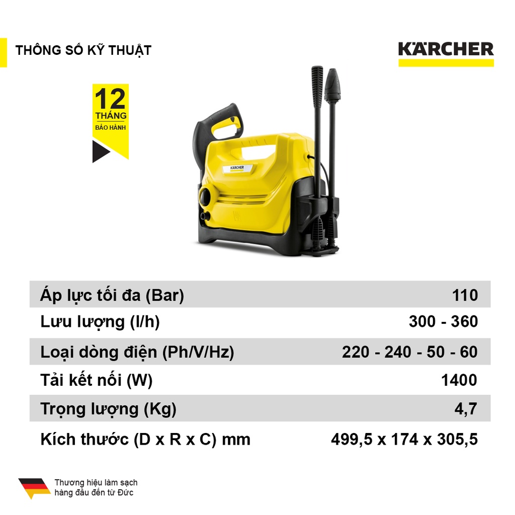 Mô tả Máy phun rửa áp lực cao Karcher K2 Horizontal động cơ chổi than, áp lực 110 bar và đã bao gồm dây cấp nước - 2