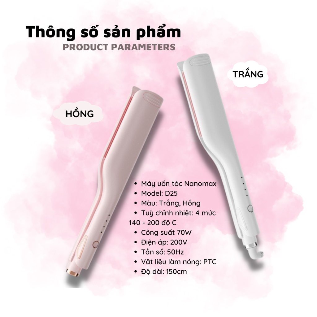 Mô tả Máy Uốn Tóc Xoăn Gợn Sóng Nước NANOMAX D25 4 Mức Điều Chỉnh Nhiệt Làm Nóng 30 Giây Ion Âm Giữ Nếp Lâu - 12