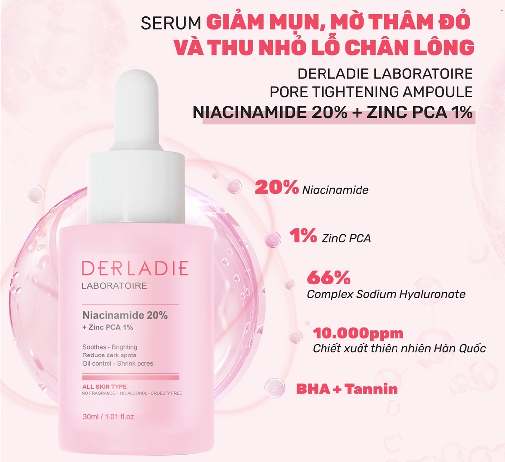 Mô tả Serum Niacinamide 20% Giảm Mụn, Mờ Thâm Đỏ, Thu Nhỏ LCL Derladie Laboratoire Pore Tightening Ampoule 30ml - 1