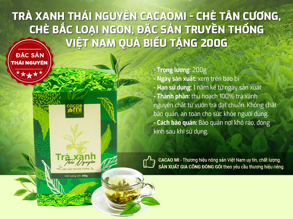 Mô tả Trà xanh Thái Nguyên CACAOMI chè Tân Cương đặc sản truyền thống Việt Nam làm quà biếu tặng 200g - 1
