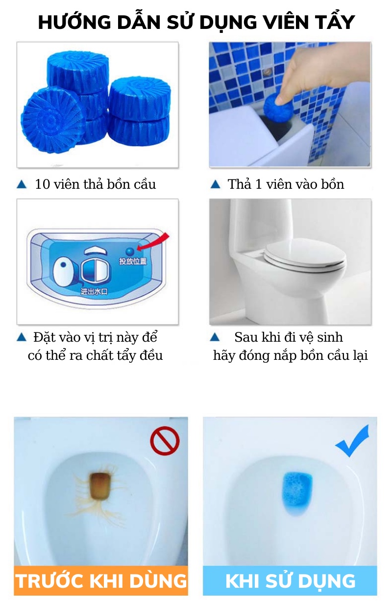 Mô tả Combo 5 bịch 50 viên Tẩy Bồn Cầu Huy Tưởng Khử Mùi, Ngăn Khuẩn, Sạch Sáng khối lương 300gg - 5