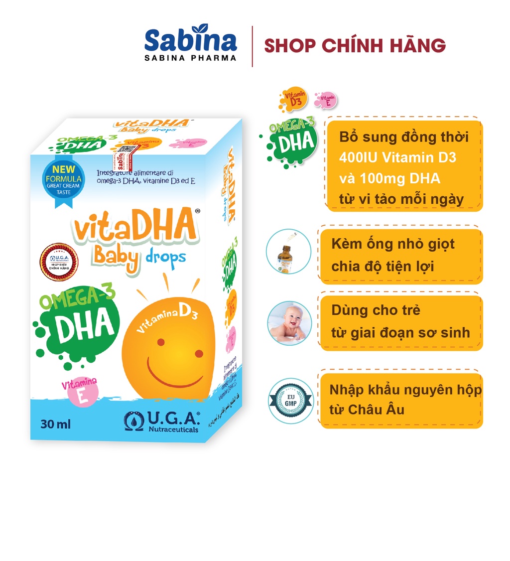 Mô tả VitaDHA Baby Drops – Thực phẩm bảo vệ sức khoẻ bổ sung D3 và DHA cho bé 30ml U.G.A. Nutraceuticals. Date Th10-2026 - 1