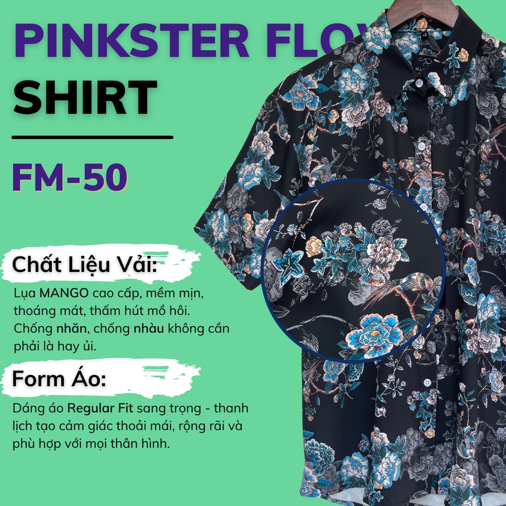 Mô tả Áo sơ mi Nam hoạ tiết Chim Đỗ Quyên Pinkster Flower FOMAN tay ngắn, chất vải Lụa, thấm hút, thoáng khí, không nhăn FM-50 - 1