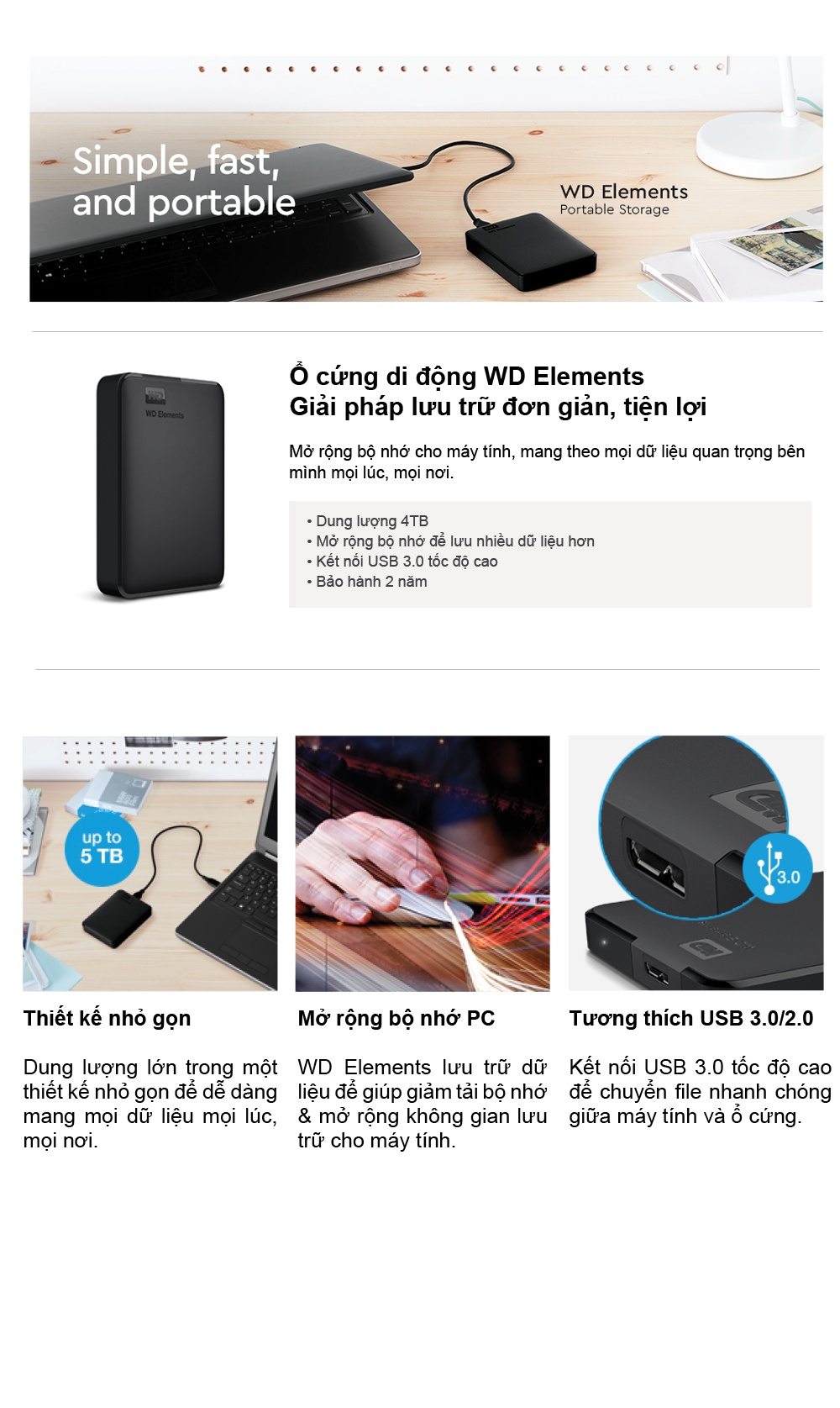 Mô tả Ổ cứng di động Western Digital WD Elements 2.5" 4TB - WDBU6Y0040BBK - 1