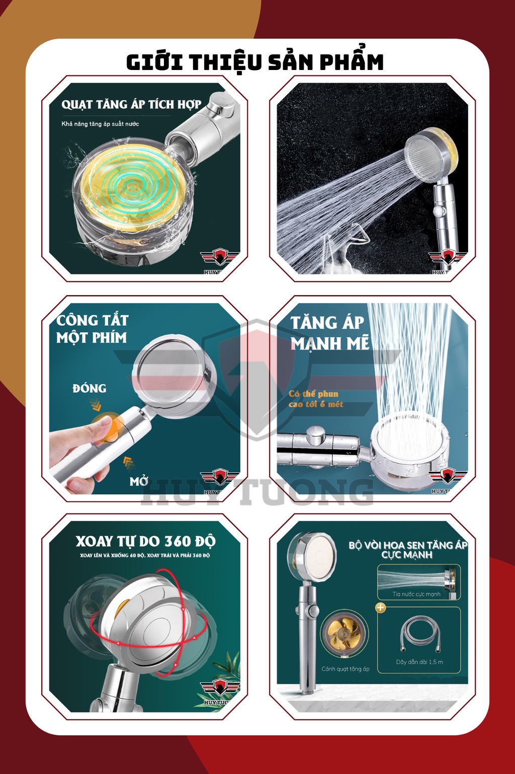 Mô tả Tay vòi sen tắm cánh quạt tích hợp xoay 360 độ, phím đẩy on/off thông minh - HUY TUONG - 2