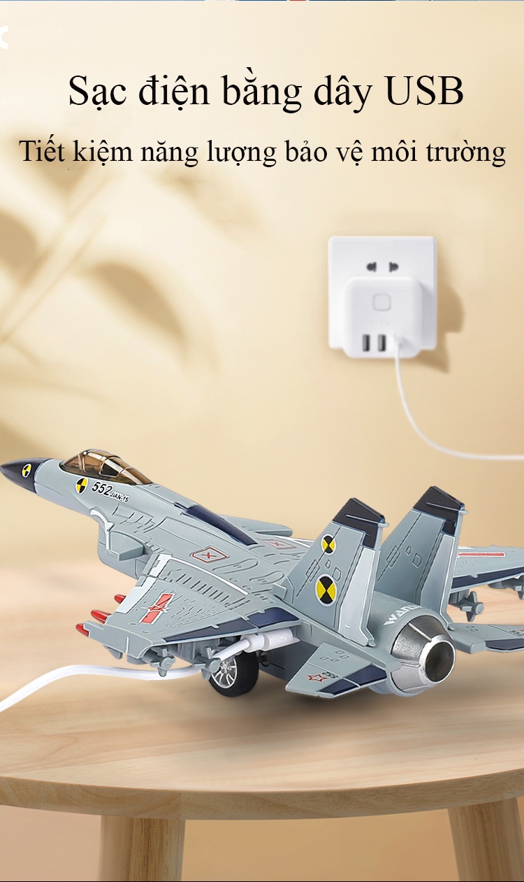 Mô tả Đồ chơi máy bay tiêm kích J-15 KAVY bằng hợp kim có nhạc, đèn phun được khói chạy cót sạc điện USB - 5