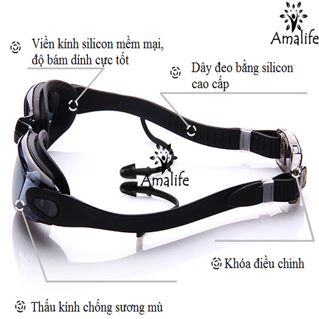Mô tả Màu ĐEN - Kính Bơi Tráng Bạc Có Gắn Bịt Tai Chống Tia UV Chống Nước Gắn Liền Thân Chính Hãng Amalife - 5