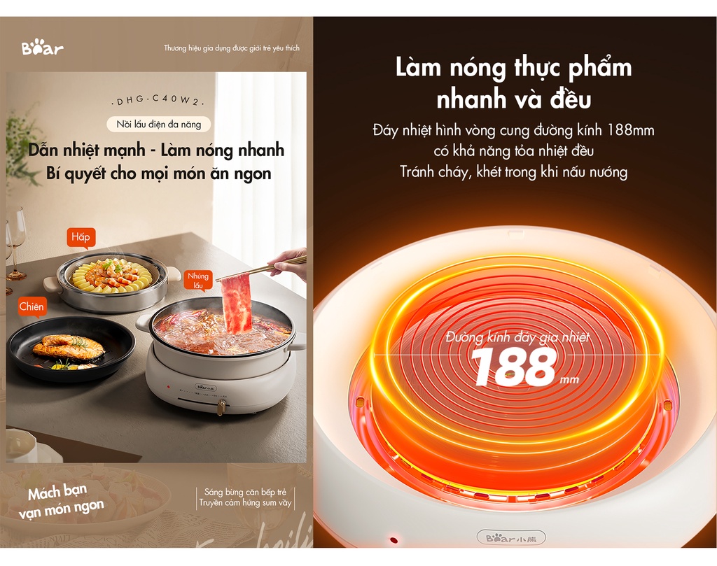 Mô tả Bộ Nồi Lẩu Nướng Bear 3 khay 3in1 DHG-C40W2 - Hàng Chính Hãng - 1