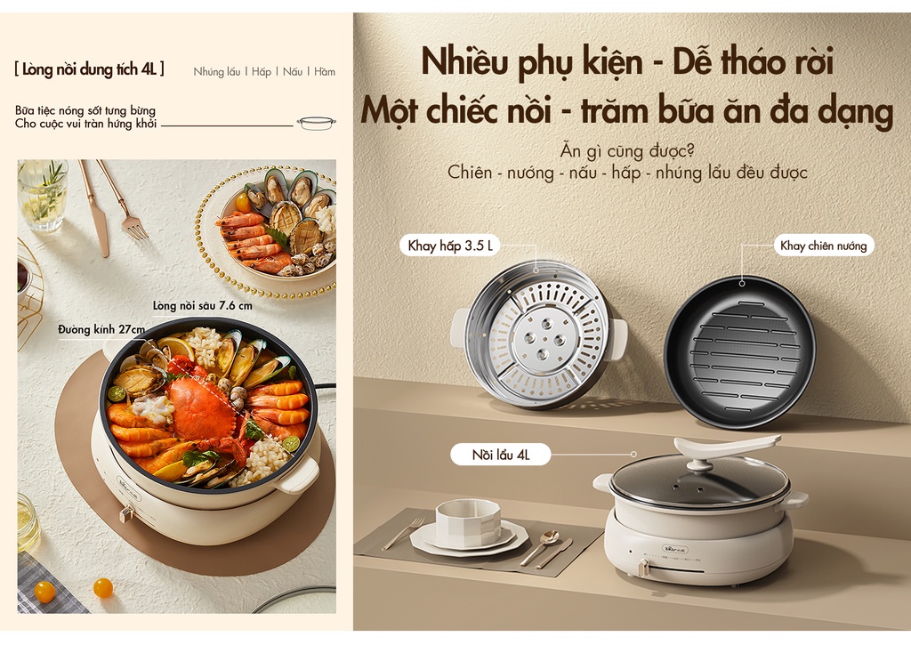 Mô tả Bộ Nồi Lẩu Nướng Bear 3 khay 3in1 DHG-C40W2 - Hàng Chính Hãng - 4